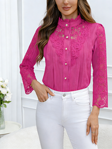 Joyinspring 2026 Nouvelle Collection Printemps/Été – Blouse Décontractée Grande Taille en Chiffon Brodé Uni avec Dentelle et Col Rond à Manches Longues pour Femme – En Stock - Product Image 1