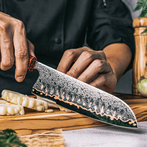 Grandsharp 7 pulgadas cocina Santoku cuchillo japonés 55 capas cobre Damasco acero Santoku cuchillos resina roja y mango de fibra de carbono - Product Image 2