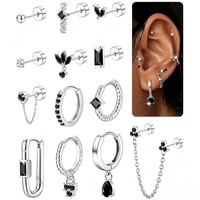 Ensemble de boucles d'oreilles géométriques en acier inoxydable - Clous à dos plat, créoles empilables multi-percées et bijoux de piercing