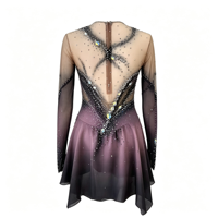 Robe de patinage artistique violette et noire ornée de strass, à manches longues en maille et dos découpé, pour la compétition et les spectacles des adultes et des enfants