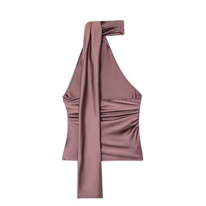 Women <strong>Satin</strong> One Shoulder <strong>Halter</strong> Top Ruched Waist Tie Detail Elegant Party Blouse Multiple Colors Customizable - Product Image 3