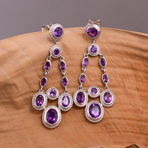 Pendientes de Plata con Gema de Amatista |   Pendientes Colgantes de Amatista Ovalada con Múltiples Piedras |   Joyería de Diseño Hecha a Mano - Product Image 1