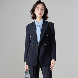 Women's Suit <b>Set</b> Apricot Color Double Breasted <b>Blazer</b> With Wide Leg Pants Casual Style Anti-Wrinkle Worsted Fabric - Product Image 3