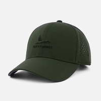Casquettes de baseball perforées à six panneaux résistantes à l'eau pour le sport, avec logo personnalisé en lettres script, et casquette de golf imperméable avec visière inférieure.