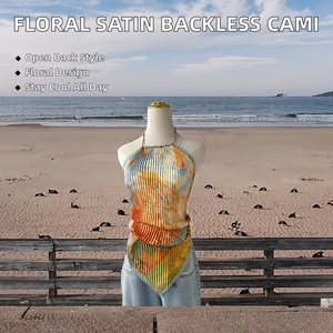 Artistic Floral Oil Painting Satin Formal <b>Top</b> Summer Short Crop Halter Neck Tank Backless Wrinkles Print Sexy Breathable - Product Image 2