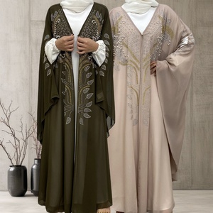 Arab Lightweight Chiffon Butterfly Abaya <b>Long</b> <b>Kaftan</b> with Gold Diamond and White Beads for Party Wedding 6743# - Product Image 1