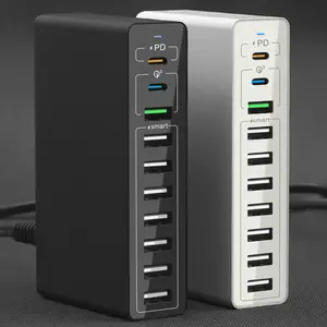 Stasiun pengisian daya USB 10 port 65W, pengisi daya Desktop 20W PD + QC 3.0 untuk beberapa perangkat untuk ponsel pintar, Speaker, Power Bank