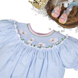 Combinaison bébé fille à manches courtes en vichy bleu à smocks Babeeni, fermeture à boutons pression, 100% coton certifié OEKO-TEX - Product Image 1