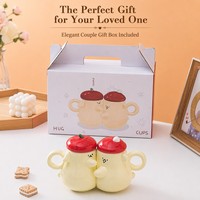 Ensemble de tasses à café en céramique pour couple, 12 oz, motif de dessin animé avec un sourire, avec couvercle en forme de pomme rouge, boîte cadeau, cadeau de la Saint-Valentin, cadeau de mariage