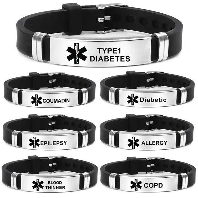 Stainless Steel Engravable Silicone Medical Alert for Diabetes Epilepsy Alzheimer's Allergy Women Men's Jewelry for Gifts
