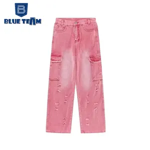 Blue Team | custom ladies jeans dopamine pink women's jeans with a high rise pants plus size wholesale women's cargo jeans