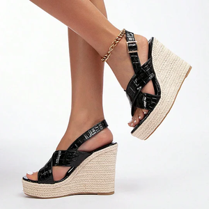 Sandales <span class=keywords><strong>compensées</strong></span> <span class=keywords><strong>noires</strong></span> <span class=keywords><strong>chic</strong></span> faites à la main pour femmes, à bout ouvert, talon de 10 cm, <span class=keywords><strong>chaussures</strong></span> à plateforme pour femmes - Product Image 1