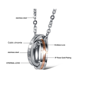 Modische Zirkon-Paar-Halskette aus Edelstahl mit Buchstabenanhänger für Damen und Herren, Kristall-Hochzeits-Doppelring-Kette, Schmuckanhänger - Product Image 3