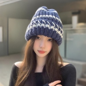 Bonnet d'hiver personnalisé pour femme, tendance, rayé, à revers, chaud, <span class=keywords><strong>en</strong></span> fil islandais, confortable, tricoté côtelé épais, style crochet - Product Image 3