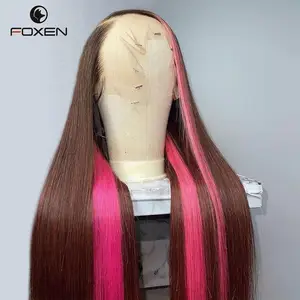 Peluca de cabello humano liso para mujer, postizo de encaje Frontal 13x4 Hd, color marrón y rosa, predesplumada, venta al por mayor