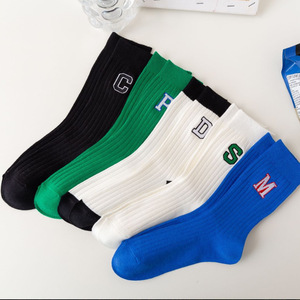 Tất Mới Tất Vải Cotton Cổ Trung Thêu Chữ C Xu Hướng Hàn Quốc Tất Lưới Màu Đỏ Xanh Dương Màu Xanh Lá Cây Sọc Tương Phản - Product Image 2
