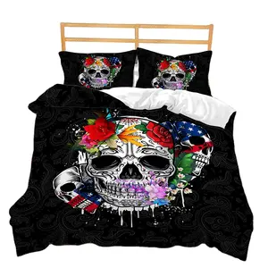 Gothic Luxury Soft Bedding Set Comforter Cover Halloween Duvet Cover Decor Queen Size For Woman Teen Black Skeleton Floral