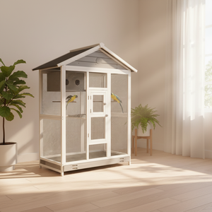 Cage à oiseaux moderne en bois massif avec 4 perchoirs, grilles en acier, 2 portes pour perruches et pinsons, gris acier - Product Image 6