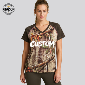 T-shirts d'été pour femmes à col en V, personnalisables avec impression par sublimation intégrale, faible MOQ, pour la chasse, la randonnée, le camping, imprimé <span class=keywords><strong>camouflage</strong></span> numérique - Product Image 1