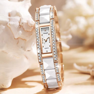 Montre de luxe pour femme avec accent carré en cristal, boîtier en céramique or rose, bracelet en acier inoxydable, étanche 30M, montre-bracelet habillée - Product Image 4