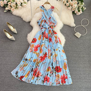 Robe de plage en mousseline de soie écrasée taille élégante robe mince sans manches - Product Image 6