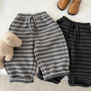 Tongxingyuan Childrens Fleece Lined Pants Gray Black Stripe Knitted Straight Leg Autumn Winter Boys Casual Long Pants - Product Image 2