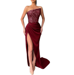 Robes de soirée élégantes pour femmes, tendance, sans bretelles, asymétriques, avec des sequins et des patchwork en satin, vente chaude - Product Image 5