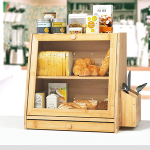 Bamboo Bread Box Double Layer Pull Out <b>Storage</b> <b>Kitchen</b> Organizer With Utensil Holder <b>For</b> Bread And Bakery Items - Product Image 2
