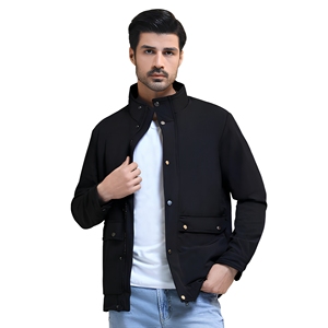 <b>Men's</b> Dark <b>Navy</b> blue Stand Collar Bomber Jacket Polyester <b>Fleece</b> Windproof Casual Autumn Wear Solid Color Zipper Closure - Product Image 1
