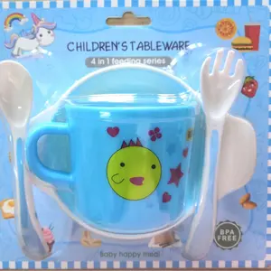 BPA Free Eco-friendly plastic cartoon printing cups baby feeding water drinking cup with spoon and fork set for kids