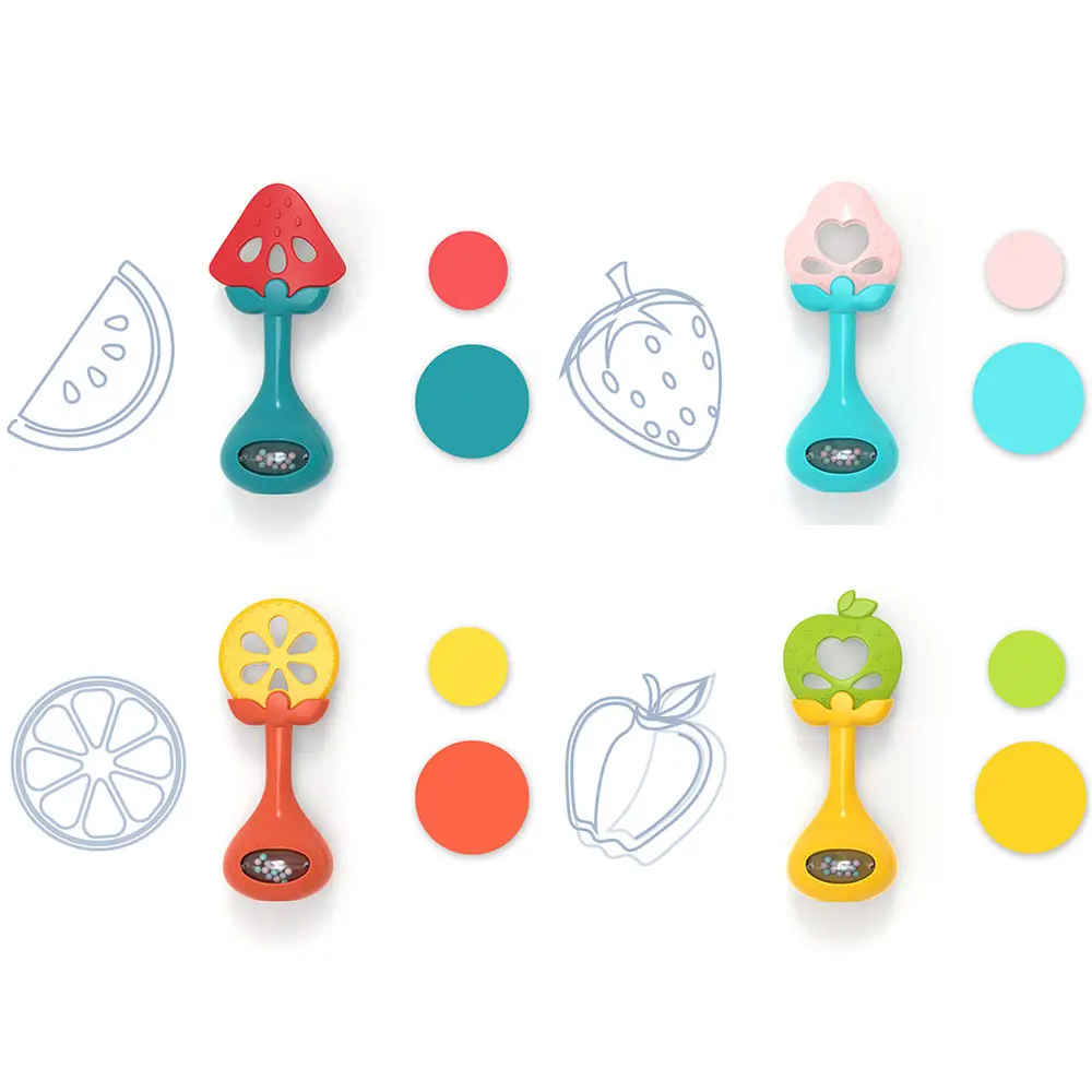 Early educational newborn baby fun fruit teether molar stick baby can bite and boil color silicone hand rattle bell toys