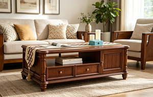Traditional Wood Coffee Table with Storage Drawers and Shelf Modern Design Multi-Purpose Living Room Furniture - Product Image 5