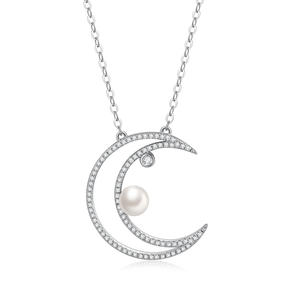 Colgante Cristiano de Alta Calidad, Personalizado, de Lujo, con Forma de Luna, en Oro Blanco Sólido de 18K, con Diamante Natural y Perla de Agua Dulce, Certificado por GIA - Product Image 1