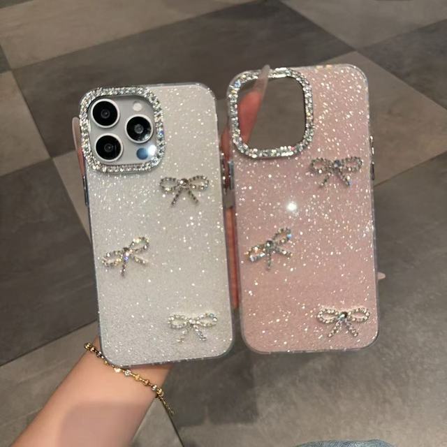 Luxury Glitter Rhinestone Pink Bowknot Phone Case for iPhone 17 16 15 14 Pro Max Bling Sparkle Diamond Mobile Covers for Girls