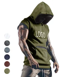 Workout Bodybuilding Sleeveless Hoodie High Quality Front Zipper Pocket Fitness Gym Muscle Sports Wear Hooded Tank Top