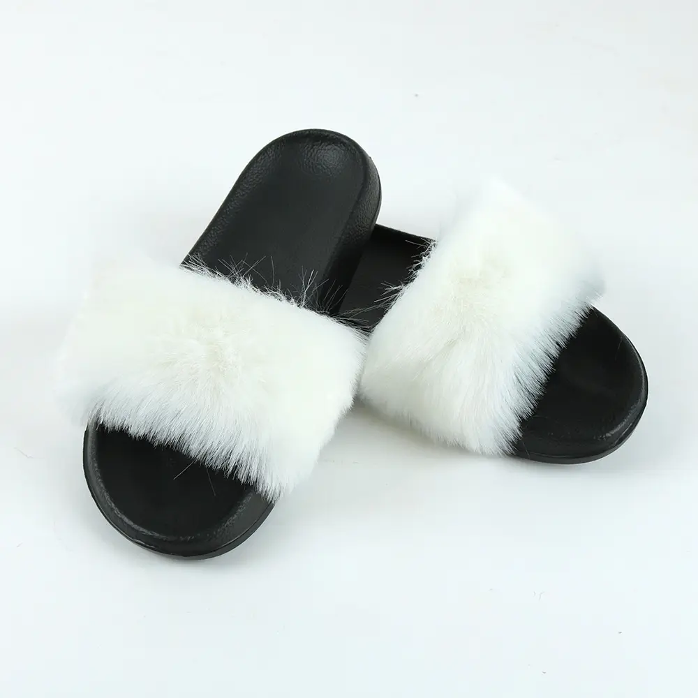 Best Quality Casual 2 Strap faux Fur Flip Flop Slippers Shoes Non Slip Sandals Natural Fur Slides for Women