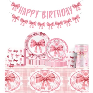 Adorable ensemble <span class=keywords><strong>de</strong></span> fête <span class=keywords><strong>jetable</strong></span> sur le thème <span class=keywords><strong>de</strong></span> la ballerine rose pour <span class=keywords><strong>anniversaire</strong></span> d'enfants comprenant des assiettes décorées d'arc tasses nappe serviettes décor - Product Image 1