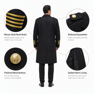 Manteau long d'hiver pour pilote de ligne OEM avec boutons métalliques anti-ternissement pour personnel de bord, personnel maritime, portier d'hôtel, uniforme d'hiver, écusson personnalisé - Product Image 4