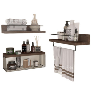 Toallero de pared de hierro y madera de 3 niveles, color marrón oscuro, moderno, para baño y uso en hoteles. - Product Image 5