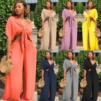 Femmes tenues deux pièces pantalon ensemble profond V à manches courtes haut court ample jambe large pantalon ensemble deux pièces couleur unie femmes costume décontracté