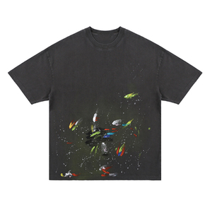 Camiseta de Manga Corta para Hombre HEALY, Personalizada con Pintura de Tinta Difuminada y Letras Estampadas en Caliente, Estilo Retro Casual - Product Image 6