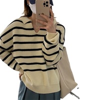 Automne/hiver pull décontracté ample pour femmes rayé tricoté pour chandails à col polo col en v chaud et confortable