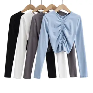 R41526S 2022 women's fashion elastic line pleated long-sleeved slim blouses