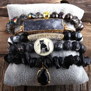 Wholesale bracelet crush-Natural druzy Bangle Epoxy Cats Natural Crushed stone Black Gemstone Beaded Bracelet Stack Bracelets Sets