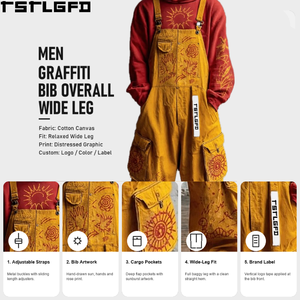 Salopette Jaune Moutarde Imprimée avec Bretelles Réglables, Poche Poitrine, Poches Cargo, Jambes Larges, Style Streetwear, Personnalisable, Vente en Gros Direct Usine - Product Image 2