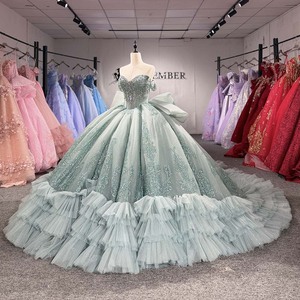 Robe de bal de Quinceañera de luxe vert sauge Dy1563 avec corsage à sequins en forme de cœur, nœud surdimensionné et jupe en tulle superposée Jancember - Product Image 4