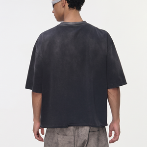 Camiseta de Lujo de 240 g/m², Lisa, Negra, Lavada al Estilo Vintage, de Algodón Grueso, Modelo 6646, con Logotipo Personalizado, Cuello Redondo, Estilo Urbano, Venta al Por Mayor - Product Image 2