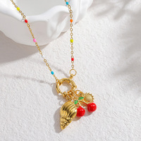 Collier en Acier Inoxydable Plaqué Or 18K avec Pendentifs Poisson, Étoile de Mer, Perle et Cerise, Thème Vacances d'Été, Plage et Océan