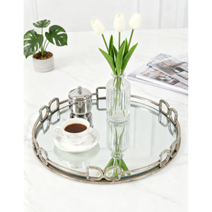 <b>Silver</b> Round <b>Mirror</b> Tray 16.1x2 Decorative Serving Tray Style Handle Design - Product Image 3