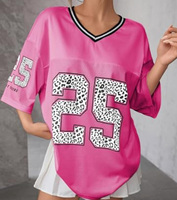 Kaos Jersey Grosir untuk Wanita, Kaos Grafis Oversize, Kaos Jersey Nomor Lucu untuk Remaja Perempuan, Atasan V-Neck Y2k Streetwear